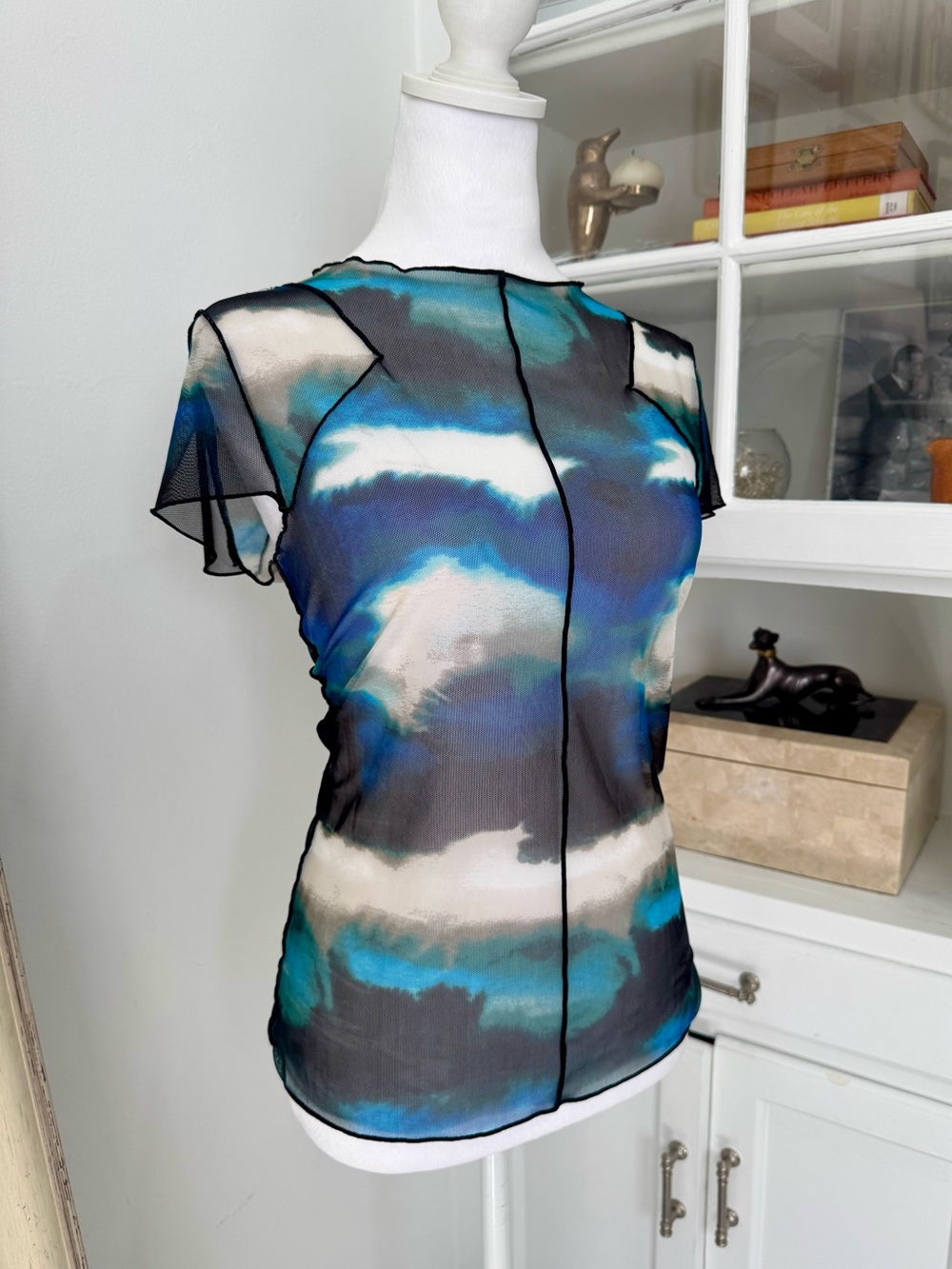 DKNY Sheer Mesh Abstract Print Top XS Y2K